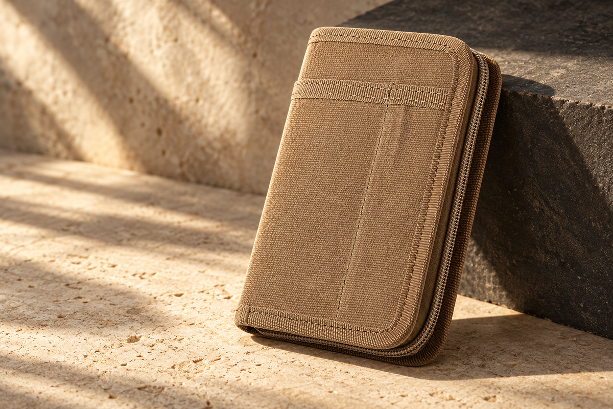 Brown canvas Fieldwork Pocket Kit in an editorial limestone studio setting