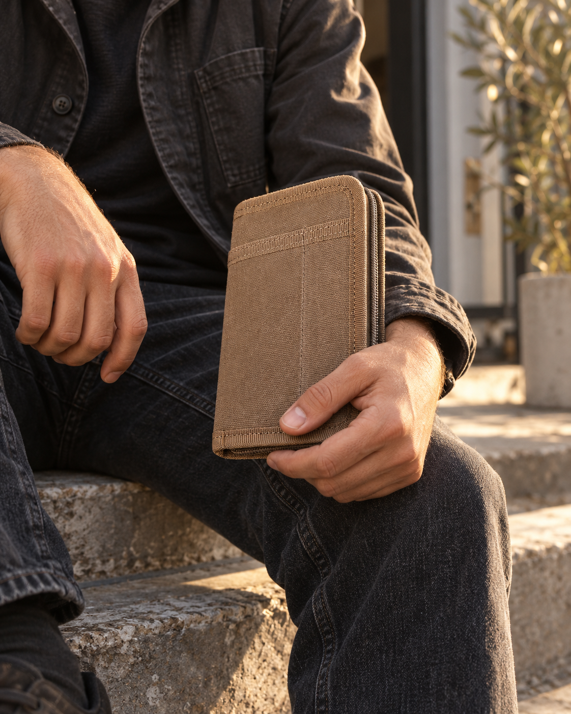 Brown Fieldwork notebook cover held beside dark workwear in warm afternoon light