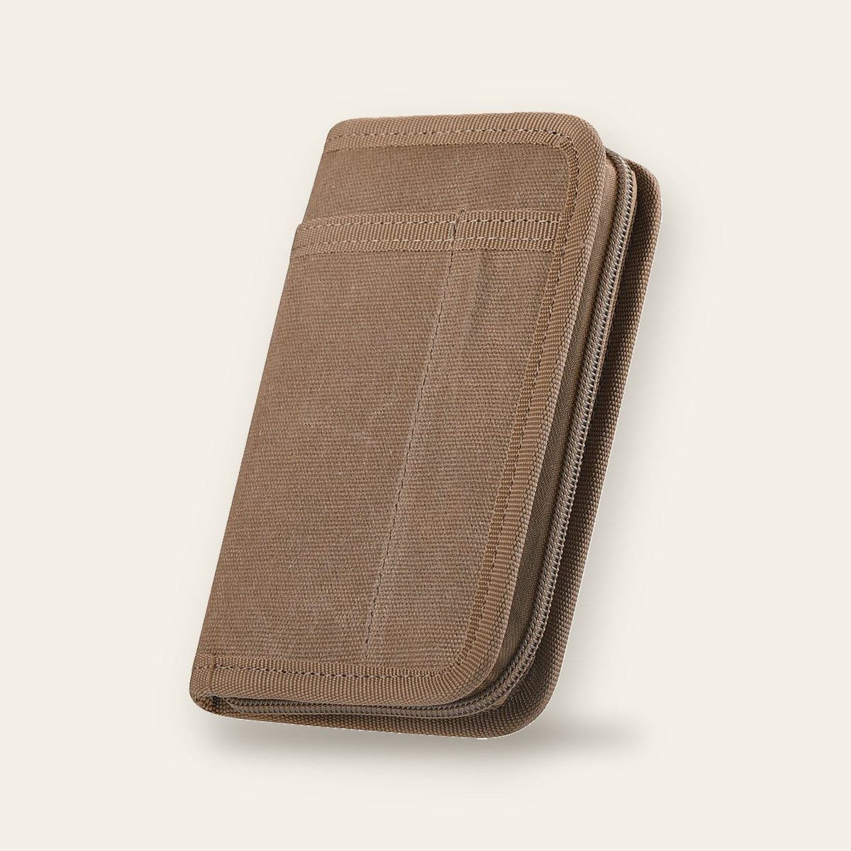 Fieldwork notebook cover in brown canvas, zipped shut