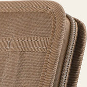 Close-up of the stitched canvas and zip on the brown cover